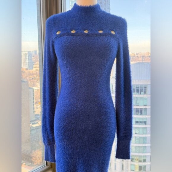 🆕 VERSACE JEANS COUTURE 🧿 NWOT Royal Blue Faux Fur Knit Dress, Buttons - Sz S - Picture 6 of 16